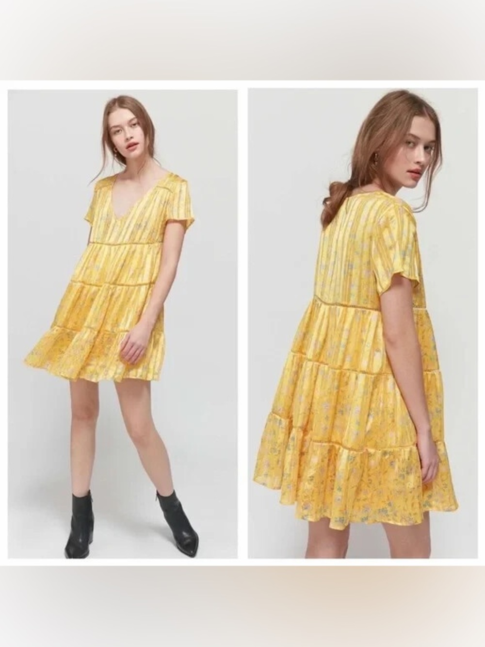 Urban Outfitters Pippa baby doll Yellow Floral Tiered V-Neck Mini Dress